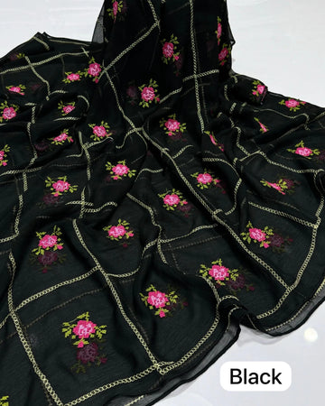 Cross Stitch Embroidered Chiffon Dupatte