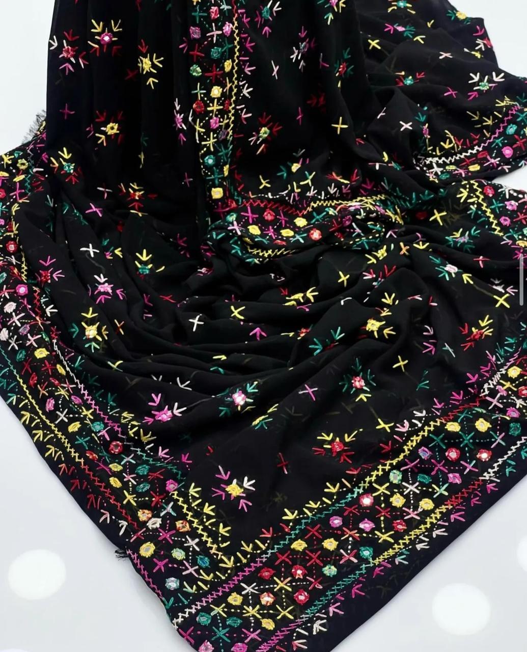 Korean Georgette Fabric 
Sindhi Embroidered Chadar With Mirror Work