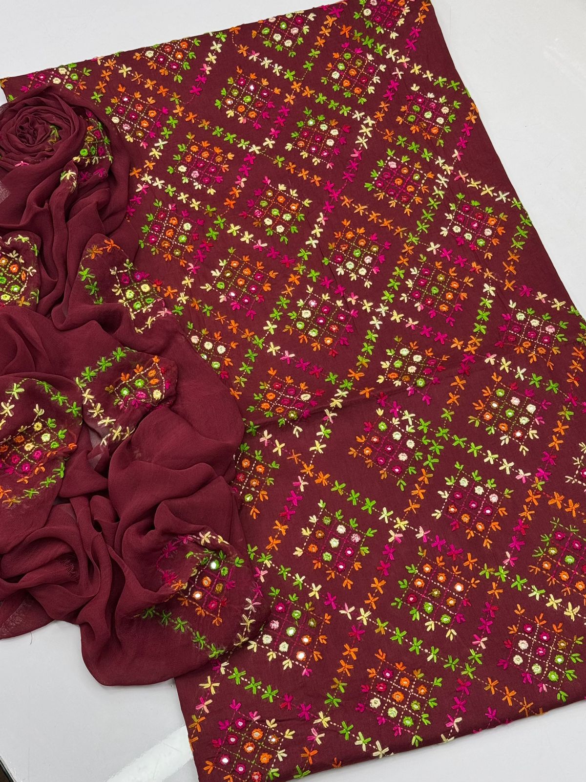Multani Handmade Traditional Hand Made Multani Embriodery With Mirror 3 Pieces Suit