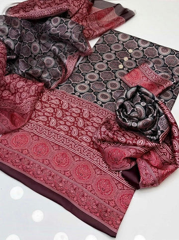 Traditional Ajrak Digital Printed Shamooz Silk 3 Piece Dress