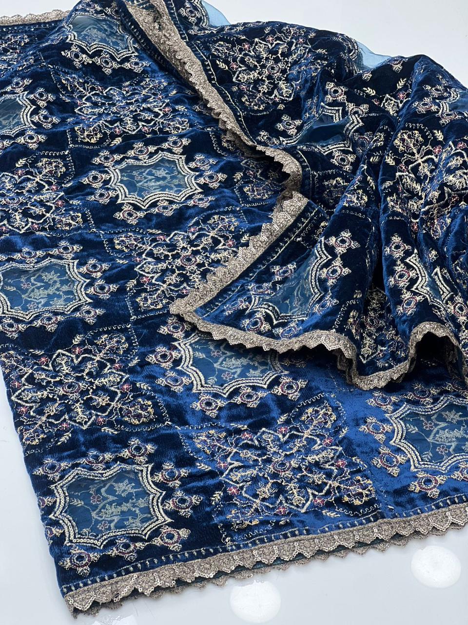 Velvet Shawl
Machine Sequence Embroidered With Tilla Thread Also Laser Cut Cover With Net