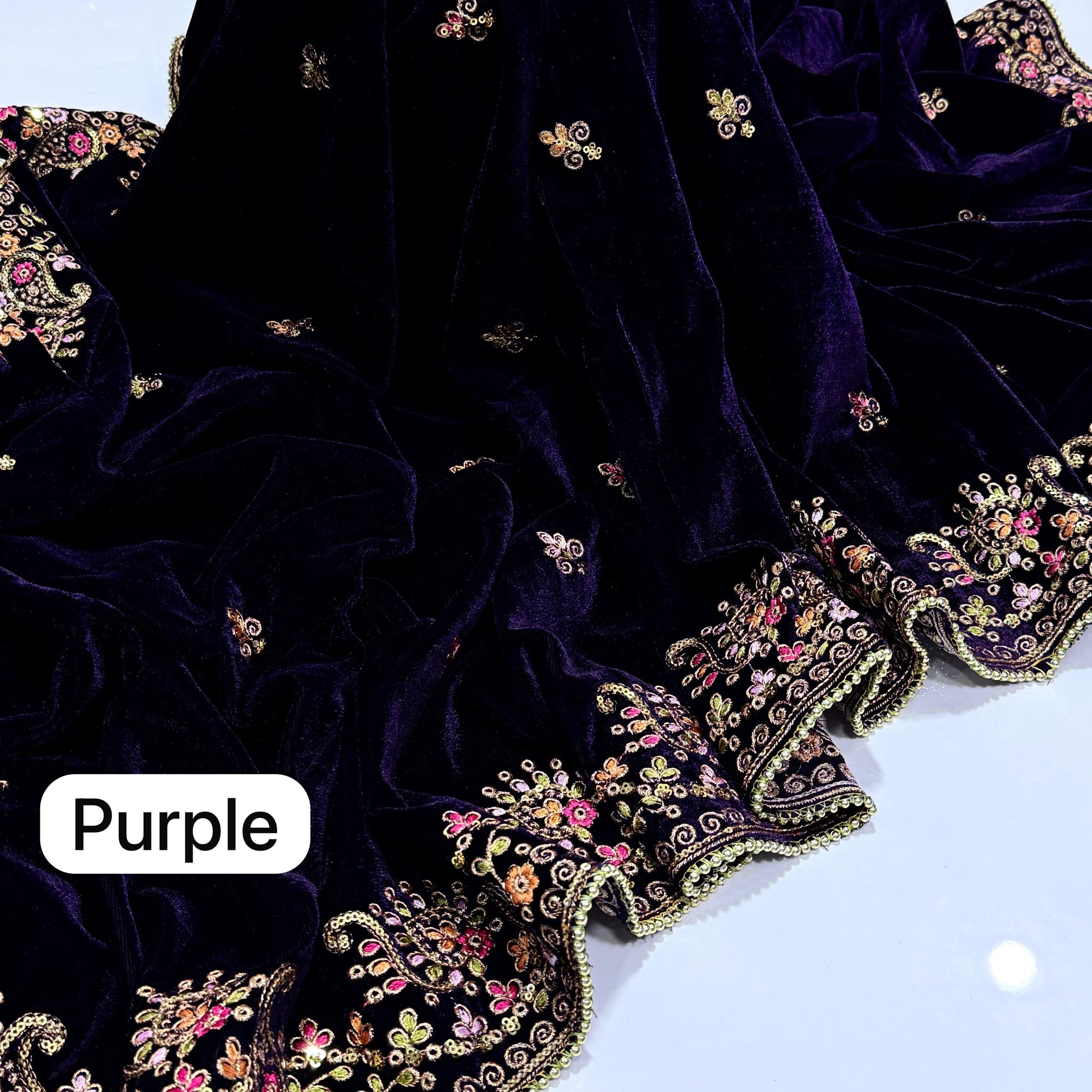 Machine Sequence Embroidered With Tilla Thread Velvet Shawl