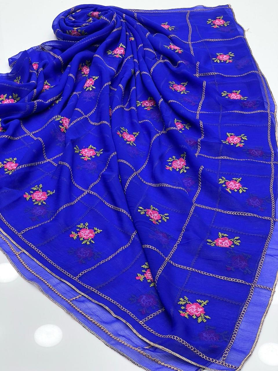 Chiffon Dupatte 
Elegant And Beautiful Machine Cross Stitch Embroidered