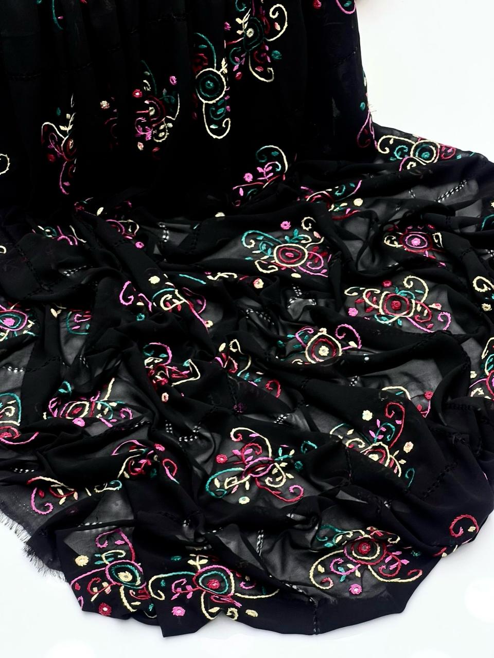 Korean Georgette Fabric 
Multani Embroidered Chadar With Mirror Work