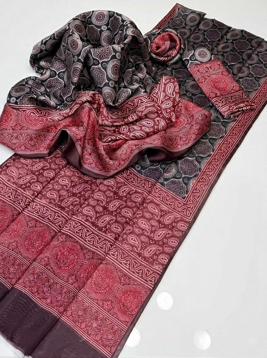 Traditional Ajrak Digital Printed Shamooz Silk 3 Piece Dress