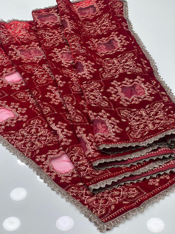 Velvet Shawl
Machine Sequence Embroidered With Tilla Thread Also Laser Cut Cover With Net