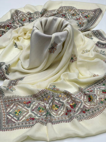 Pashmina
Hand Made Mirror Kashmiri Embroidery With Block Print Shawl