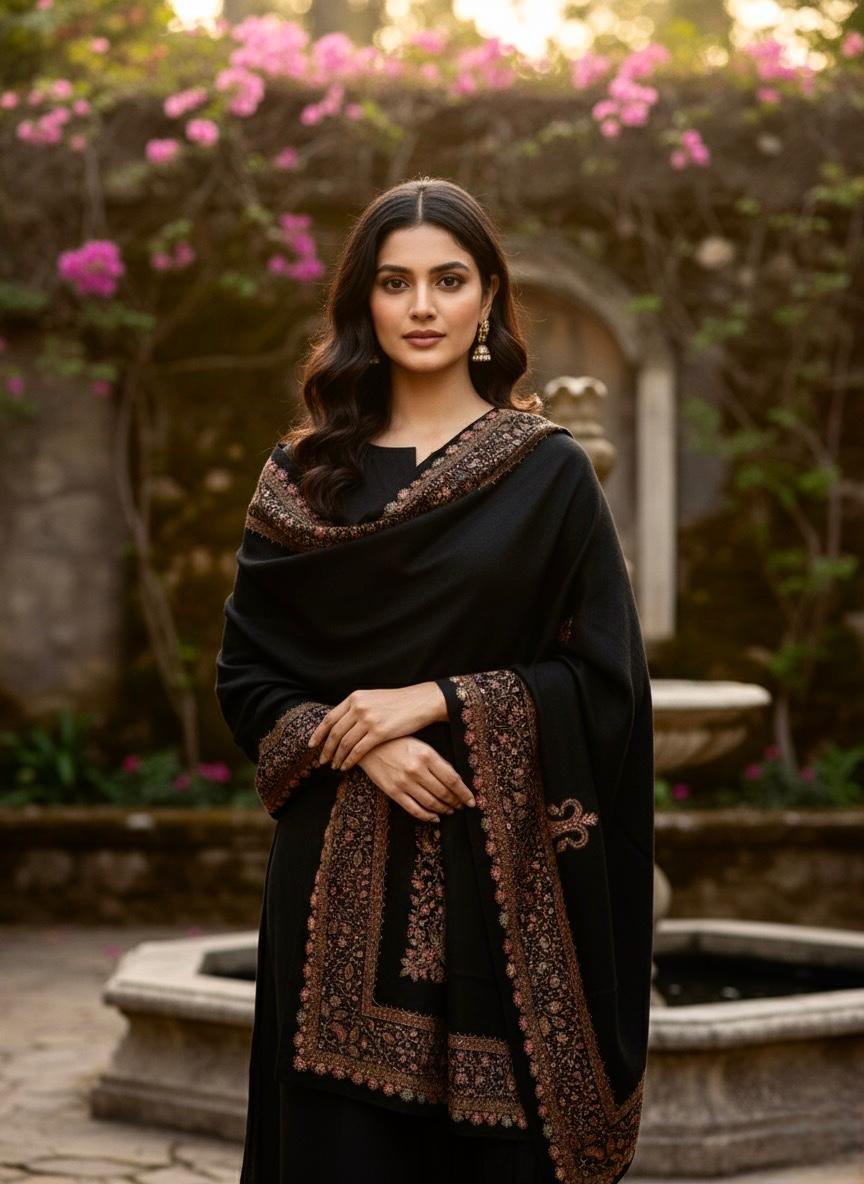 Pashmina Hand Made Kashmiri Embroidery With Block Print Shawl