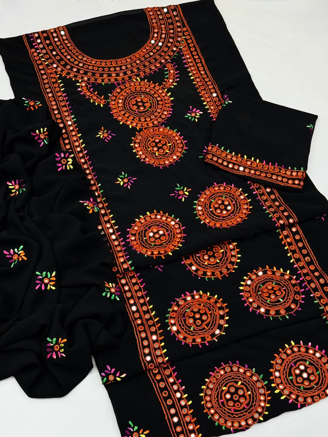 Soft Korean Georgette Handmade Multani Embroidery With Mirror Jall Work 2 Piece Dress
