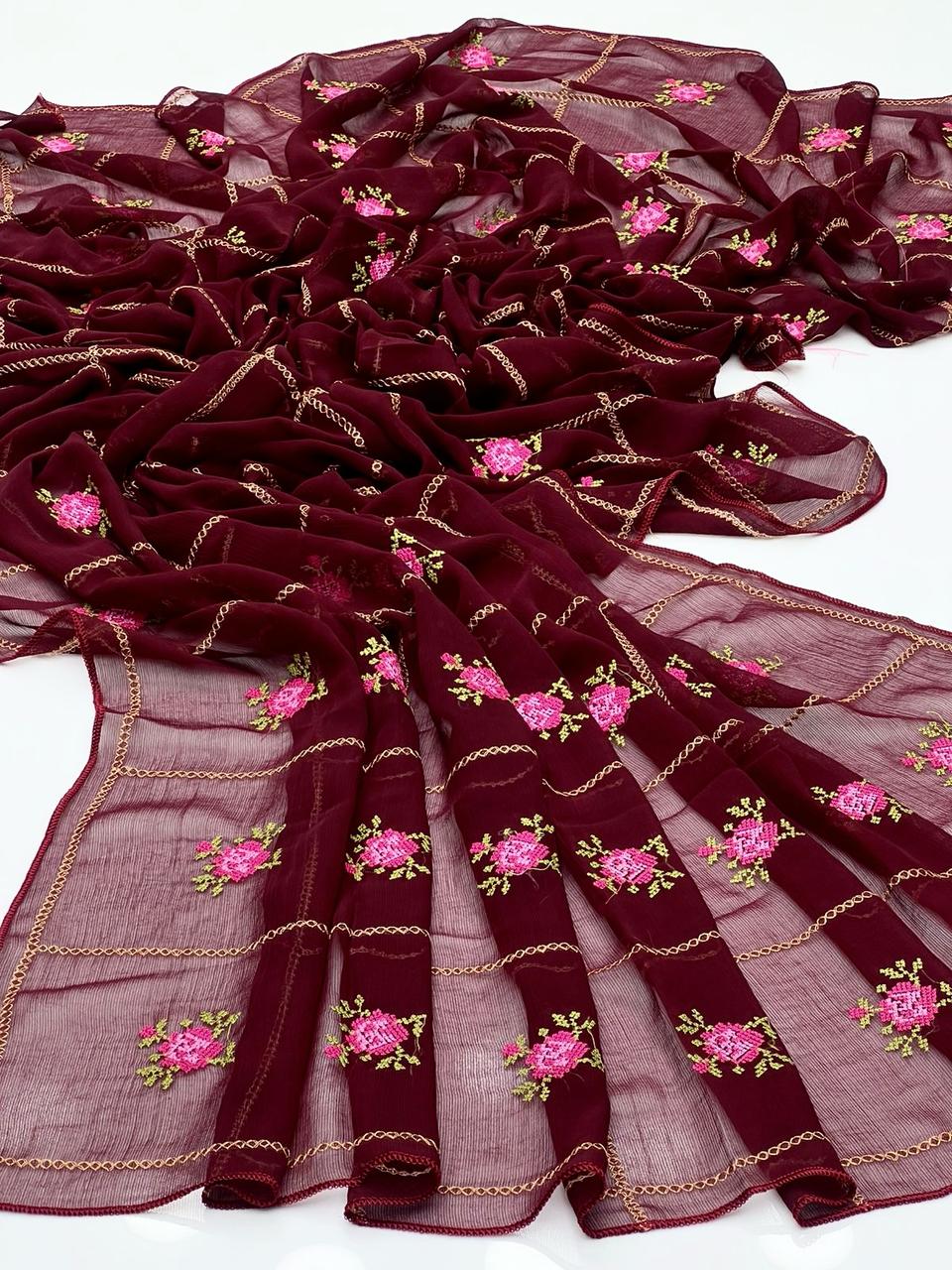Chiffon Dupatte 
Elegant And Beautiful Machine Cross Stitch Embroidered