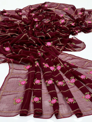 Chiffon Dupatte 
Elegant And Beautiful Machine Cross Stitch Embroidered