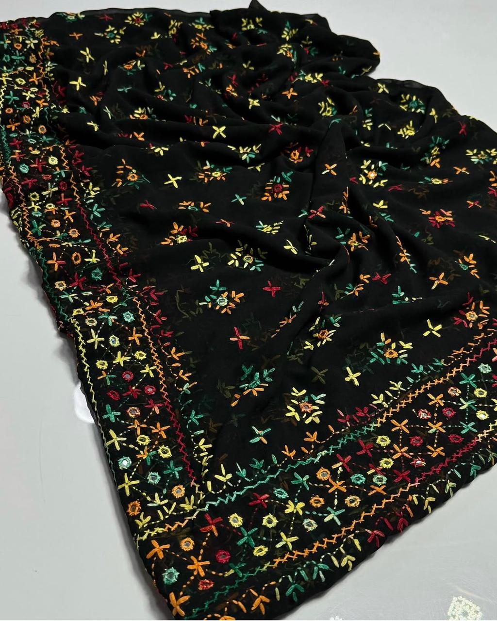 Korean Georgette Fabric 
Sindhi Embroidered Chadar With Mirror Work
