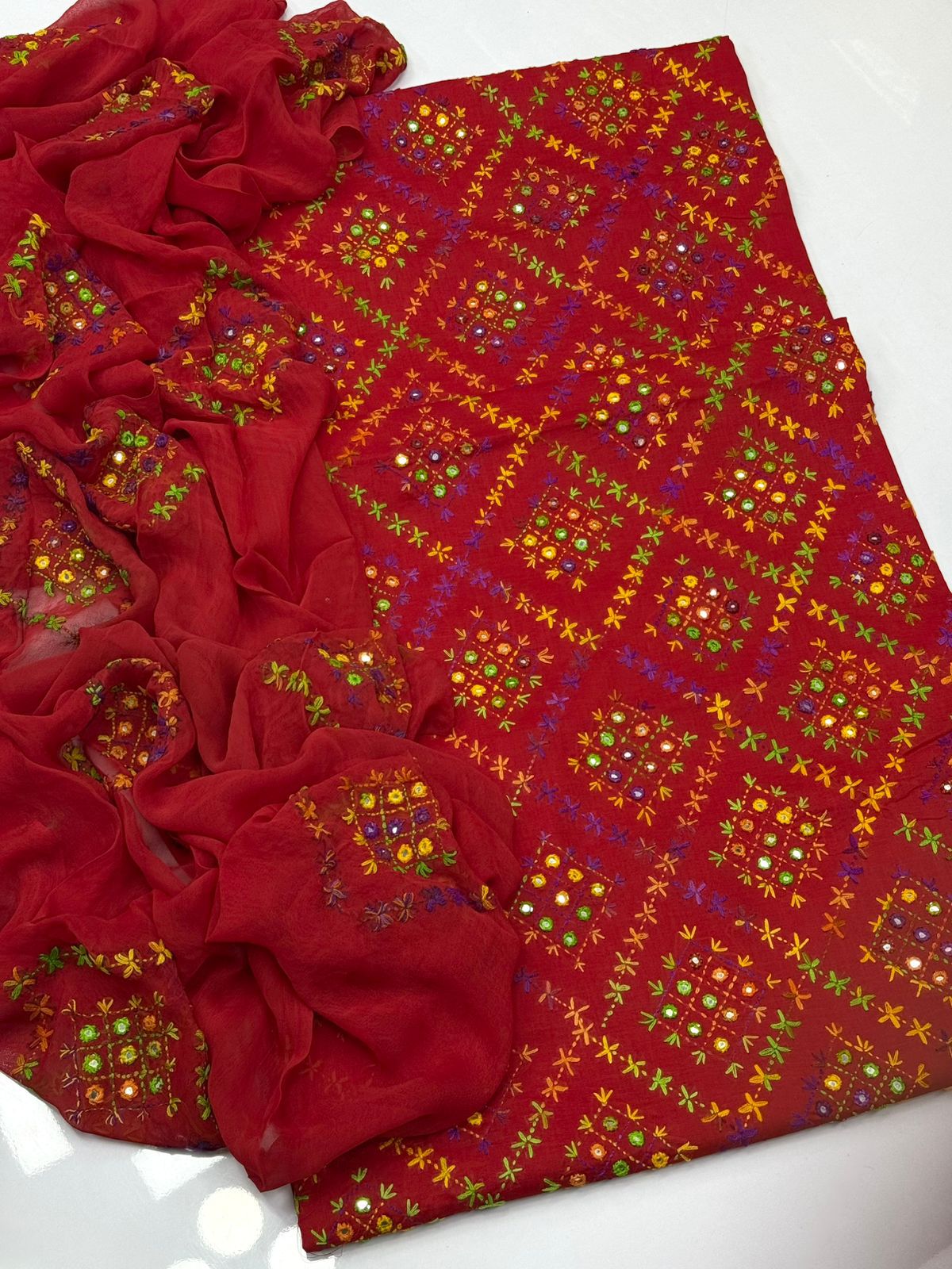 Multani Handmade Traditional Hand Made Multani Embriodery With Mirror 3 Pieces Suit