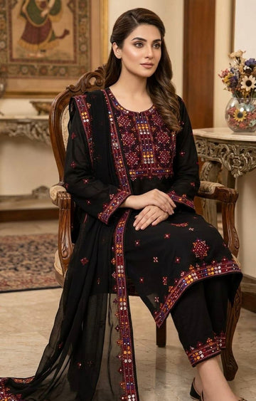 Machine Balochi Embroidery 3 Piece Dress
