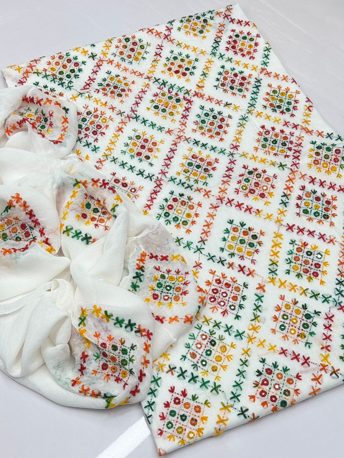 Multani Handmade Traditional Hand Made Multani Embriodery With Mirror 3 Pieces Suit