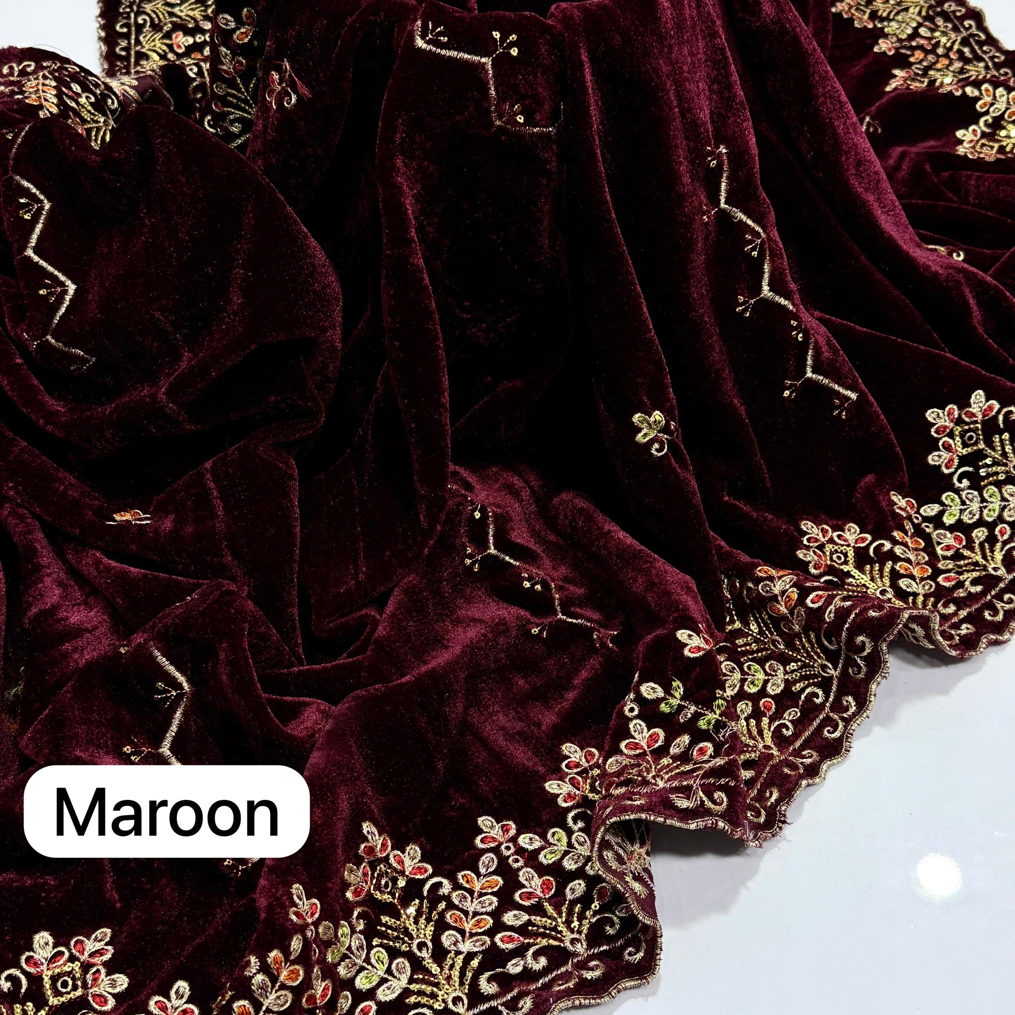Machine Sequence Embroidered With Tilla Thread Velvet Shawl