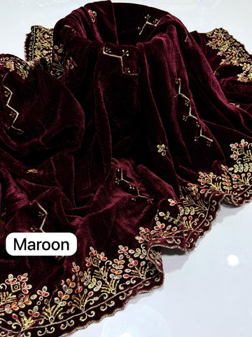 Machine Sequence Embroidered With Tilla Thread Velvet Shawl